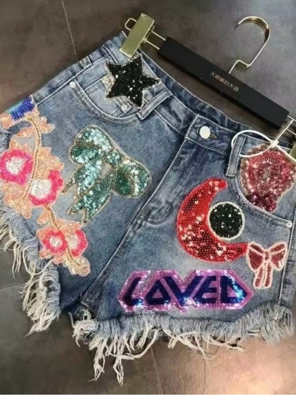 Source Unknown Embellished Denim Shorts - Blue with Multicolor Sequin Accents
